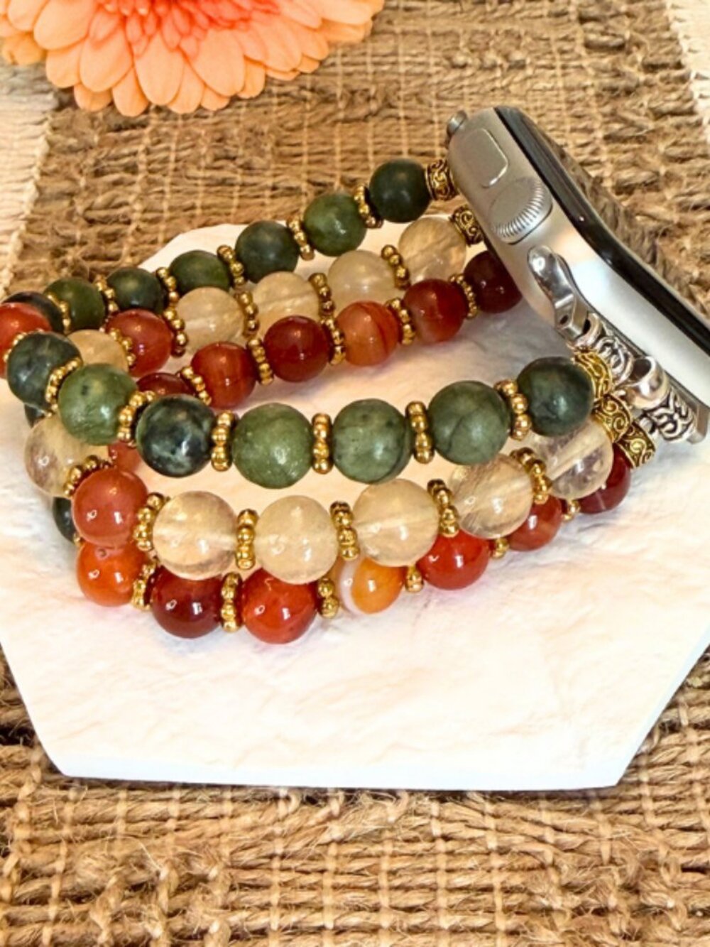 Apple Watch Band 42/44mm Green Jade Citrine Carnelian Crystal Stainless Bracelet